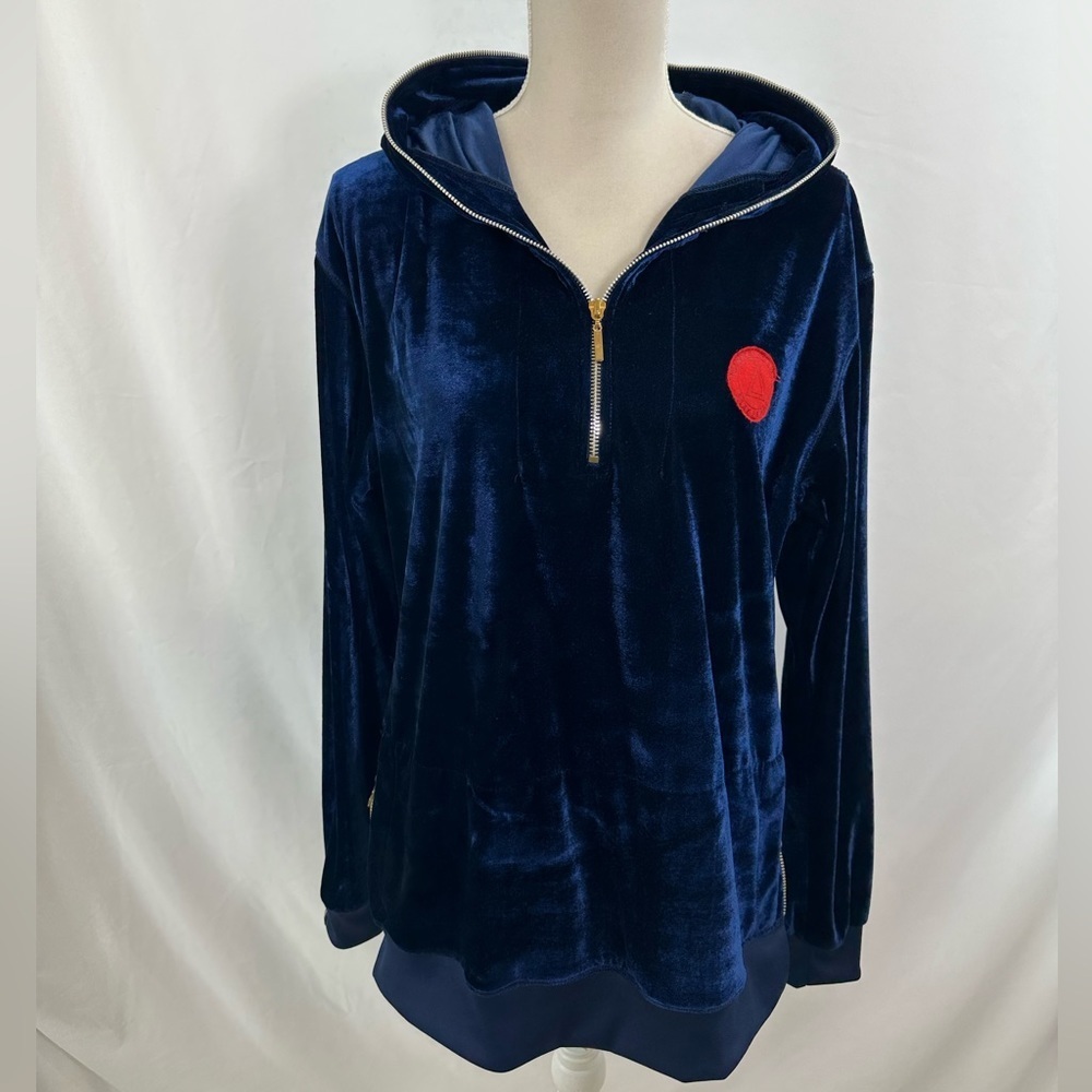 Trianguloswag Blue Vevet Zip Trimmed Pullover Hoodie Small Relaxed